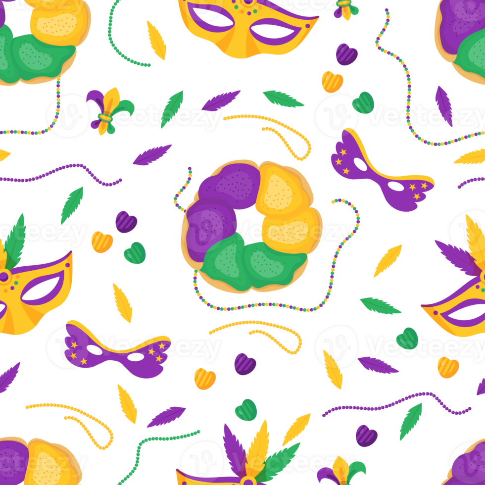 Mardi Gras carnival seamless pattern.  King Cake png