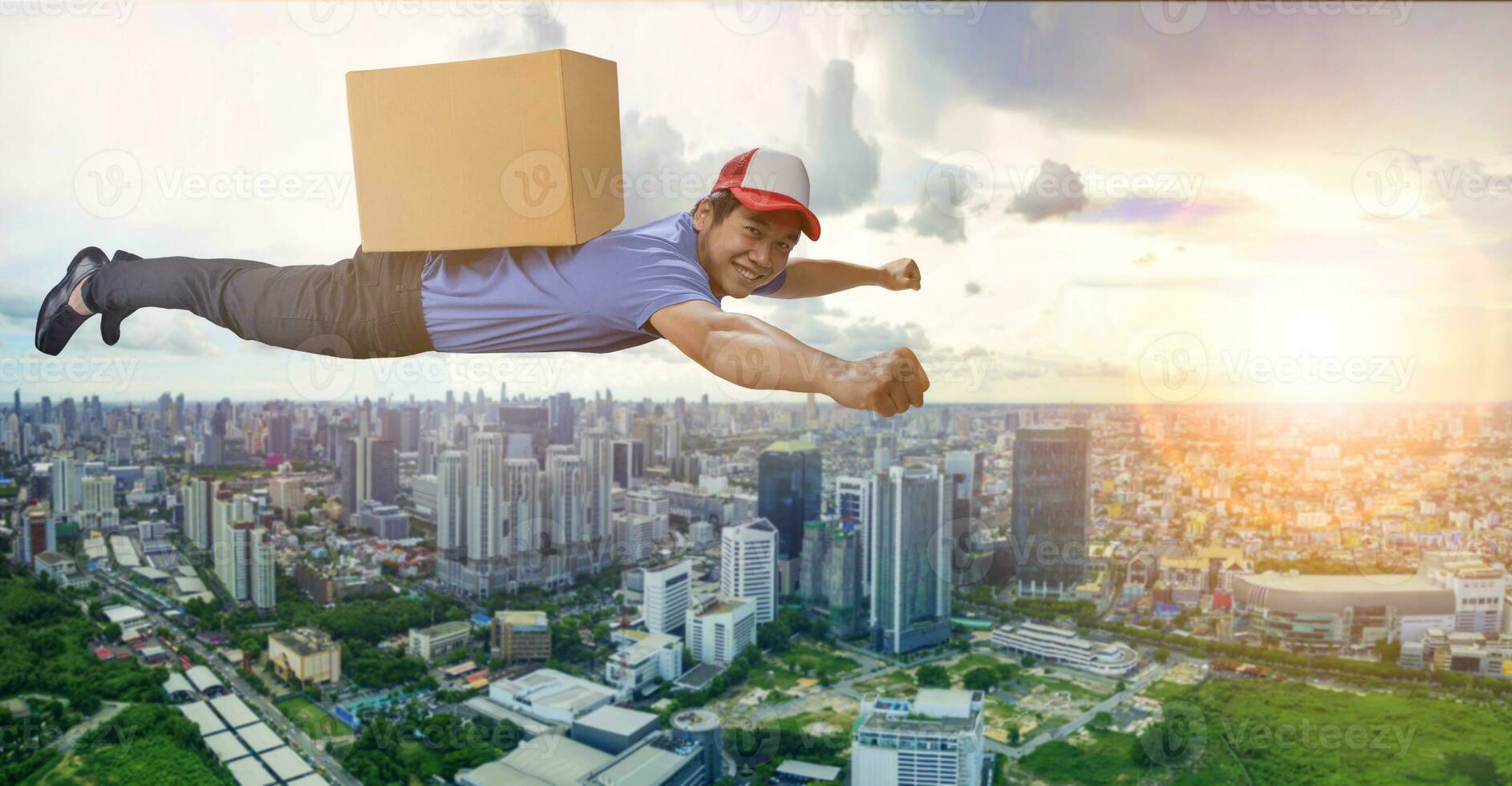 delivery man flying over city scape with container box on back, for logistic and shipping cargo service business photo