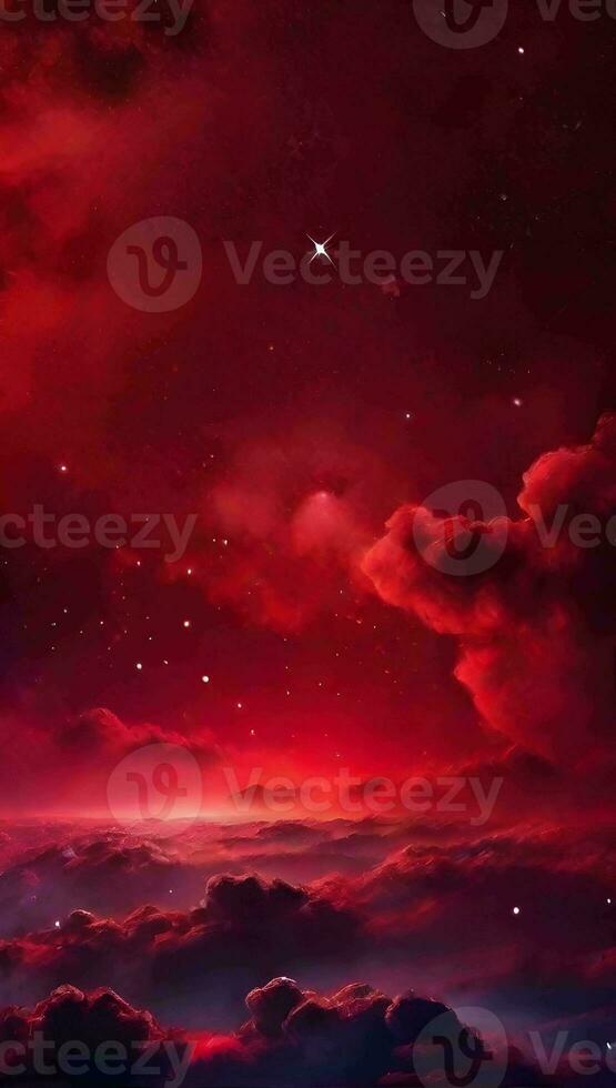 Crimson ruby red gradient mystical sky with clouds and stars phone background wallpaper, ai generated photo