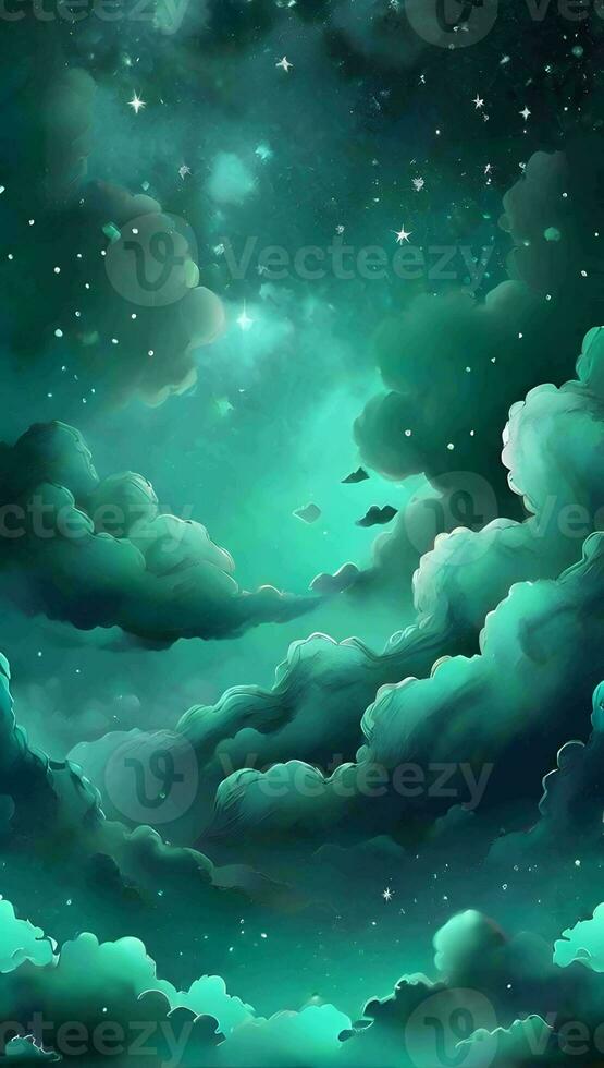 Mint green light gradient mystical sky with clouds and stars phone background wallpaper, ai generated photo