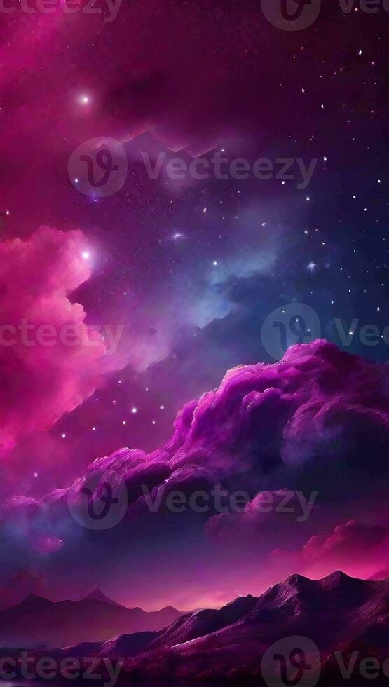 Fuchsia pink colored gradient mystical sky with clouds and stars phone background wallpaper, ai generated photo