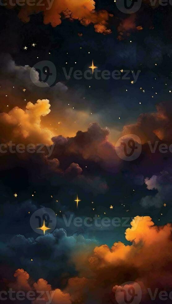 Mustard yellow and gray dark gradient mystical sky with clouds and stars phone background wallpaper, ai generated photo
