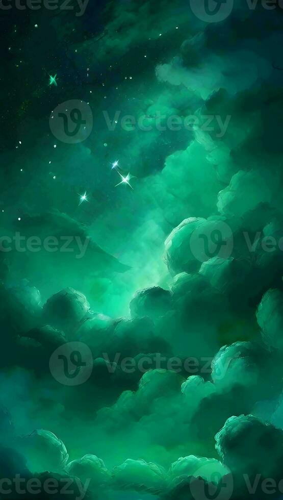 Mint green light gradient mystical sky with clouds and stars phone background wallpaper, ai generated photo