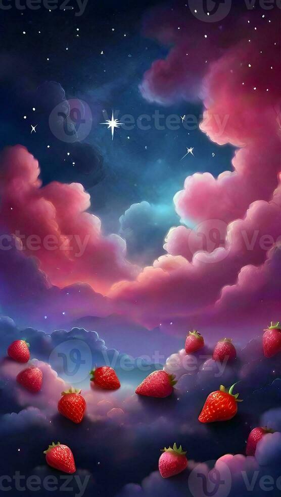 fresa pastel rosado degradado místico cielo con nubes y estrellas teléfono antecedentes fondo de pantalla, ai generado foto