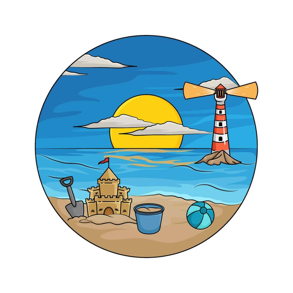 palace, mercusuar in beach illustration vector