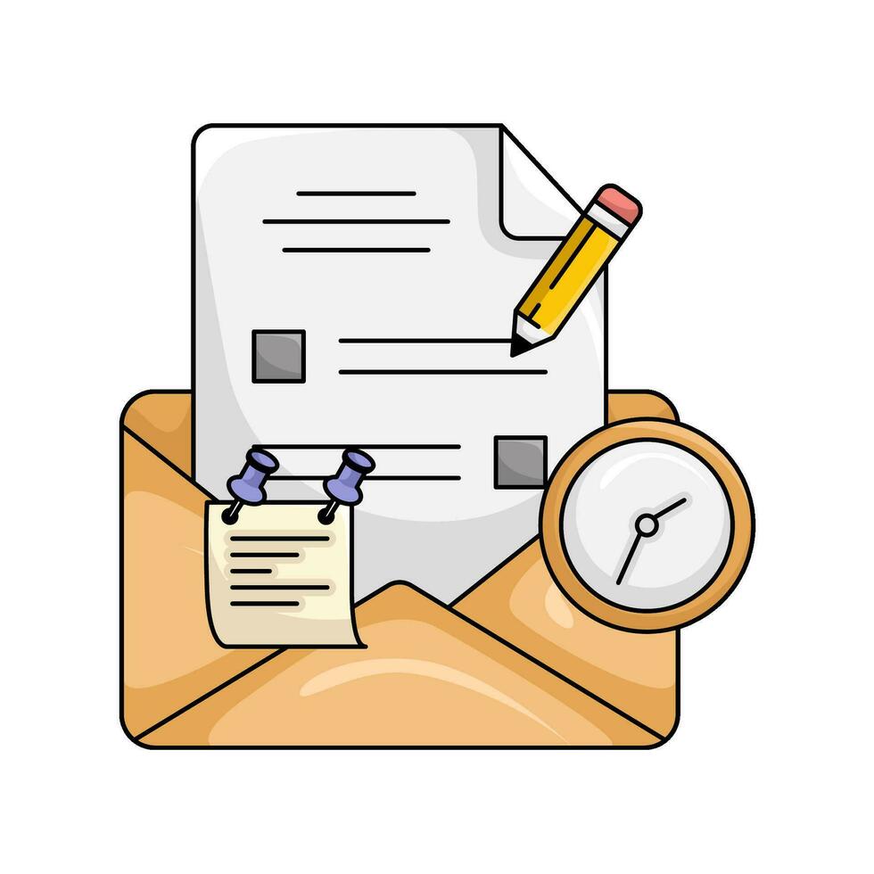 tarea en correo, lápiz con reloj hora ilustración vector