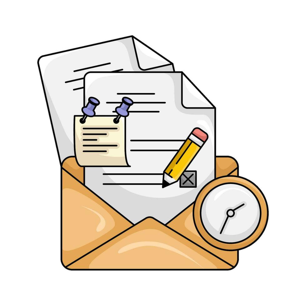 archivo en correo, lápiz con hora ilustración vector