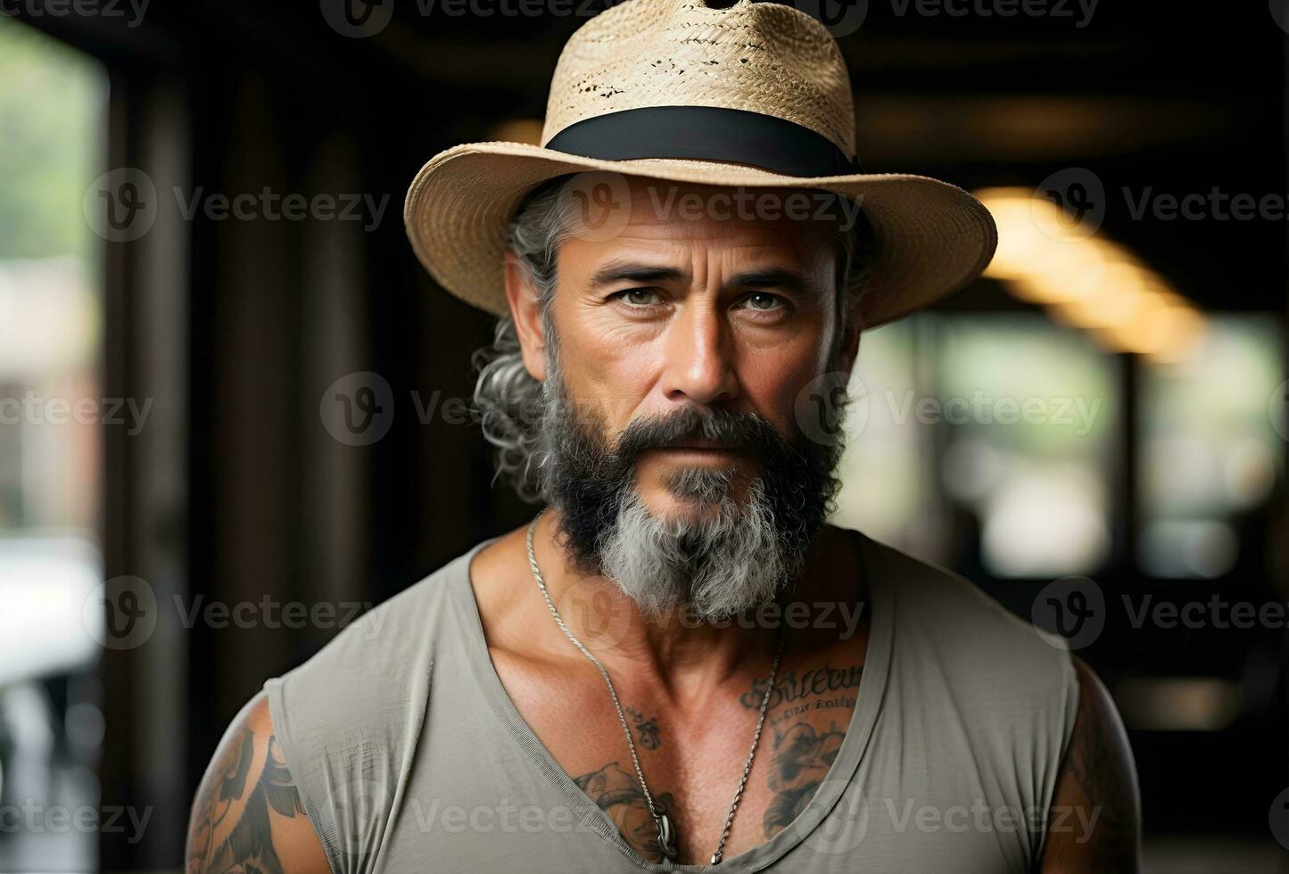 ai generativo de cerca retrato de elegante mayor hermoso hombre con gris barba y Paja sombrero foto