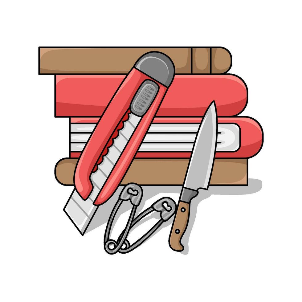 book, cutter, knife with pin illustration vector