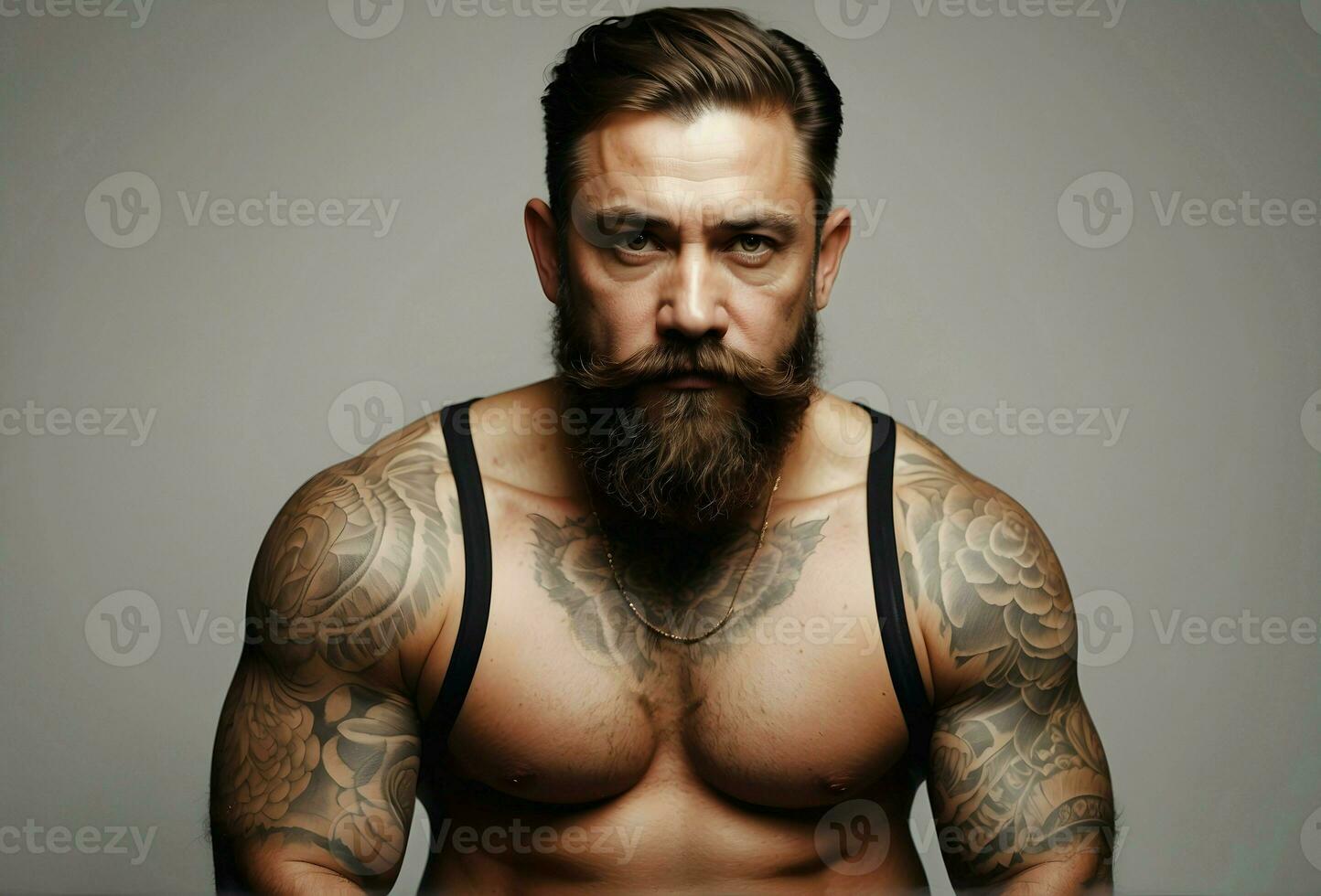 Ai generative Closeup portrait of stylish elderly handsome muscular man shirtless with tattoos isolated on white  background photo