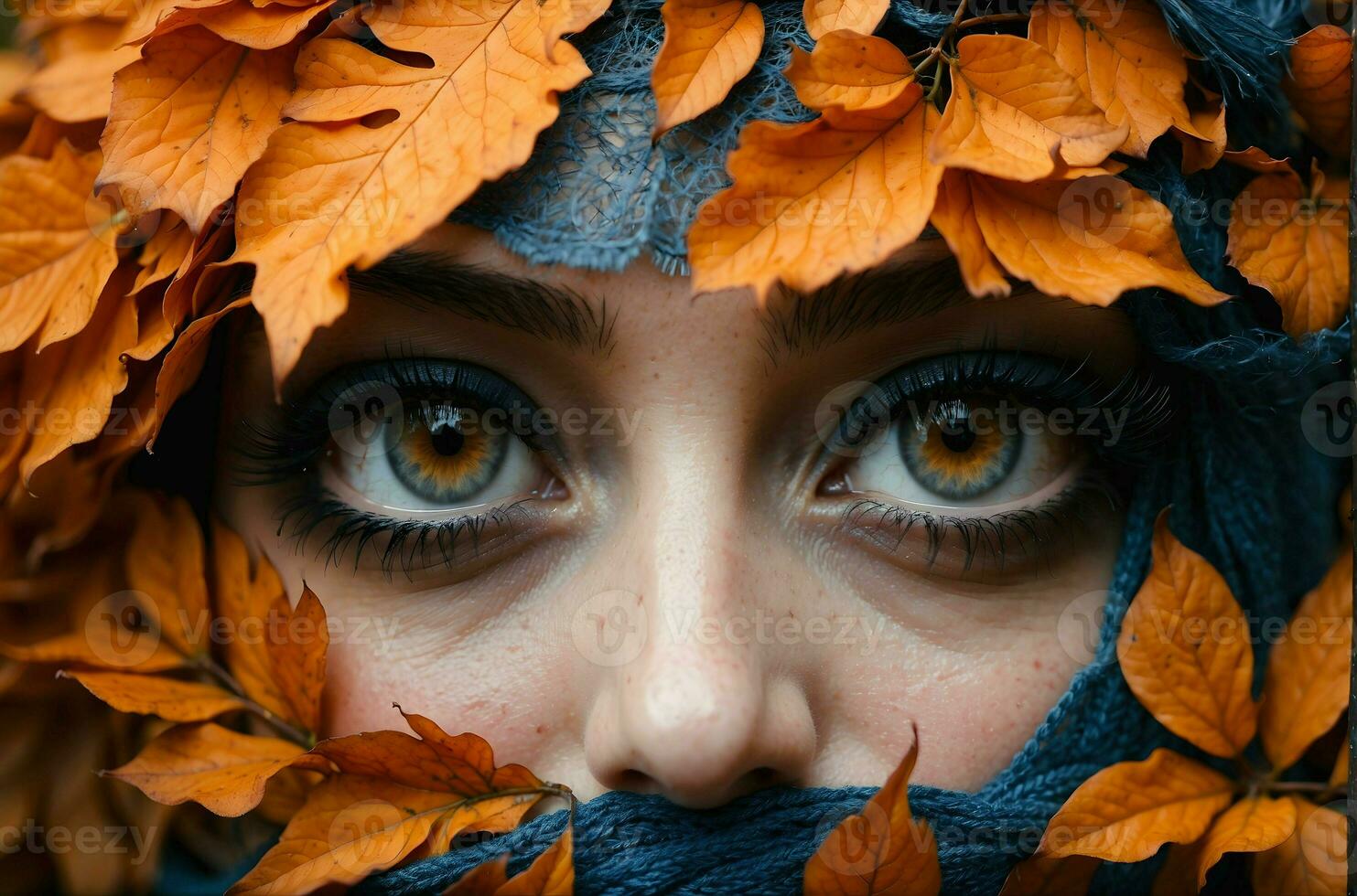 Ai generative Portrait of beautiful woman with blue eyes behind orange leaves, background, template photo