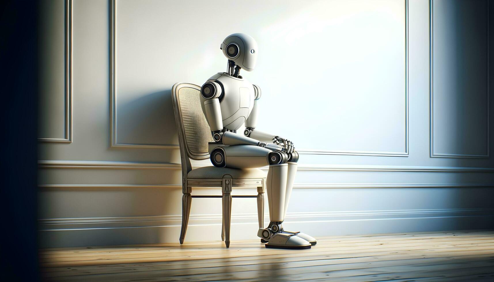 Ai generative Robot humanoid sitting on vintage chair in empty room and thinking, artificial intelligence concept photo