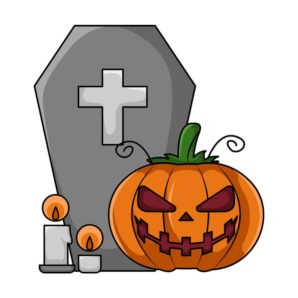 pumpkin, candle with tombstone illustartion vector