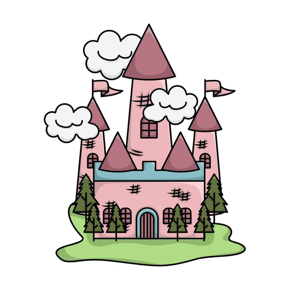 palacio, nube con árbol abeto ilustración vector