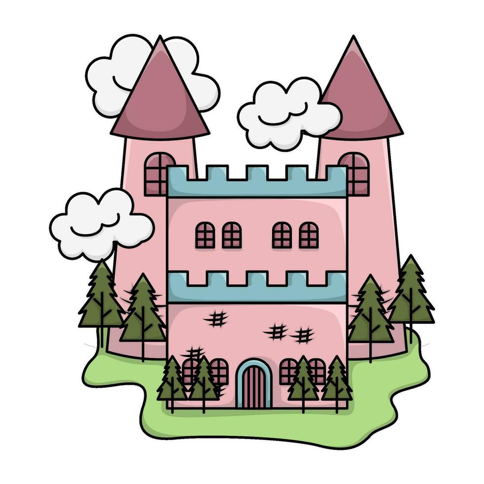 palacio, nube con árbol abeto ilustración vector