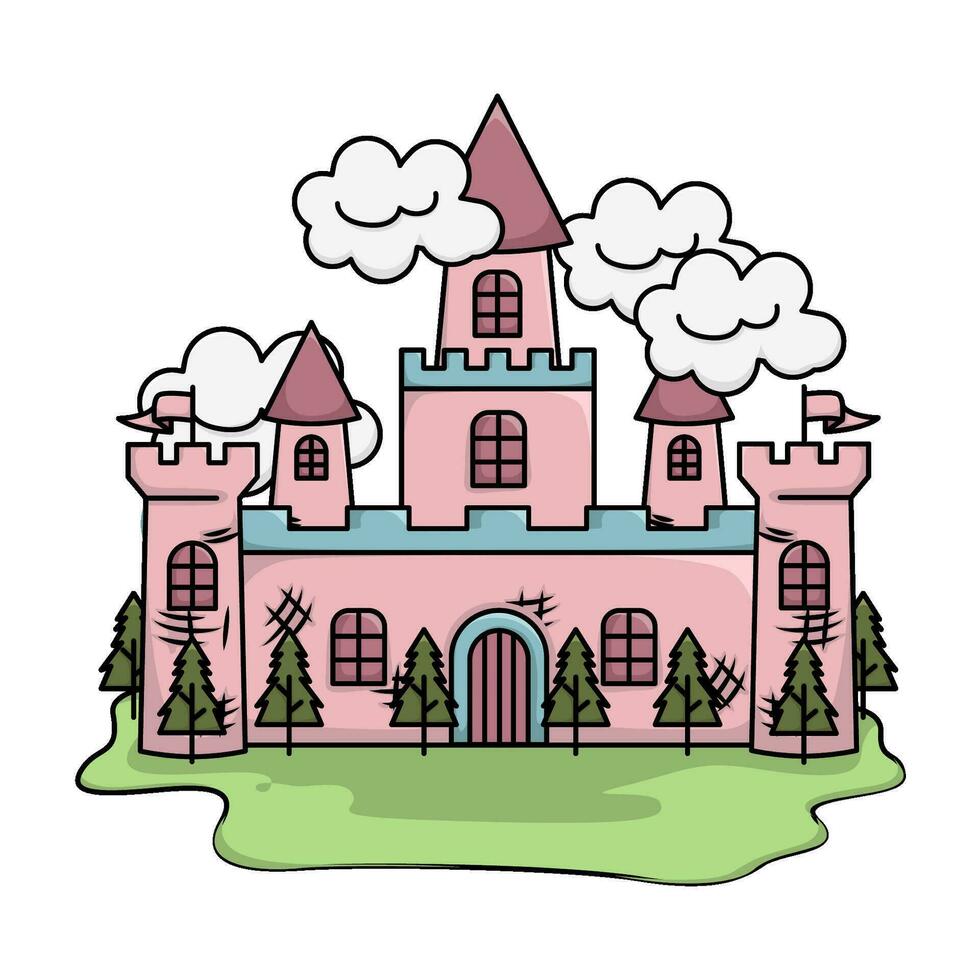 palacio, nube con árbol abeto ilustración vector