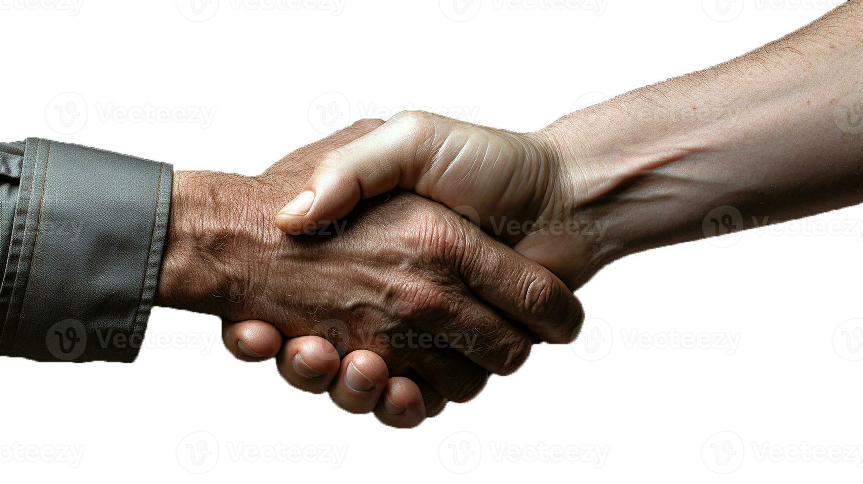 Photo close up of hand during hand shaking. Old people's hands and young people's hand during hand shaking. Isolated on white background. Generative AI