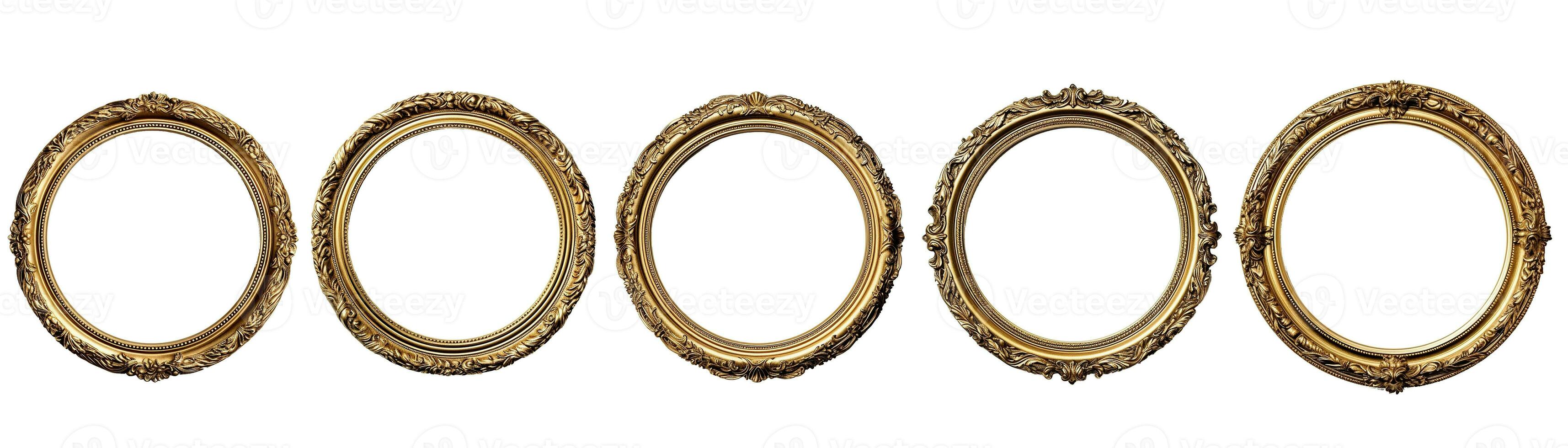 Collection of front view antique circle golden picture frame. Photo of ancient vintage mirror frame. Isolated on white background. Generative AI