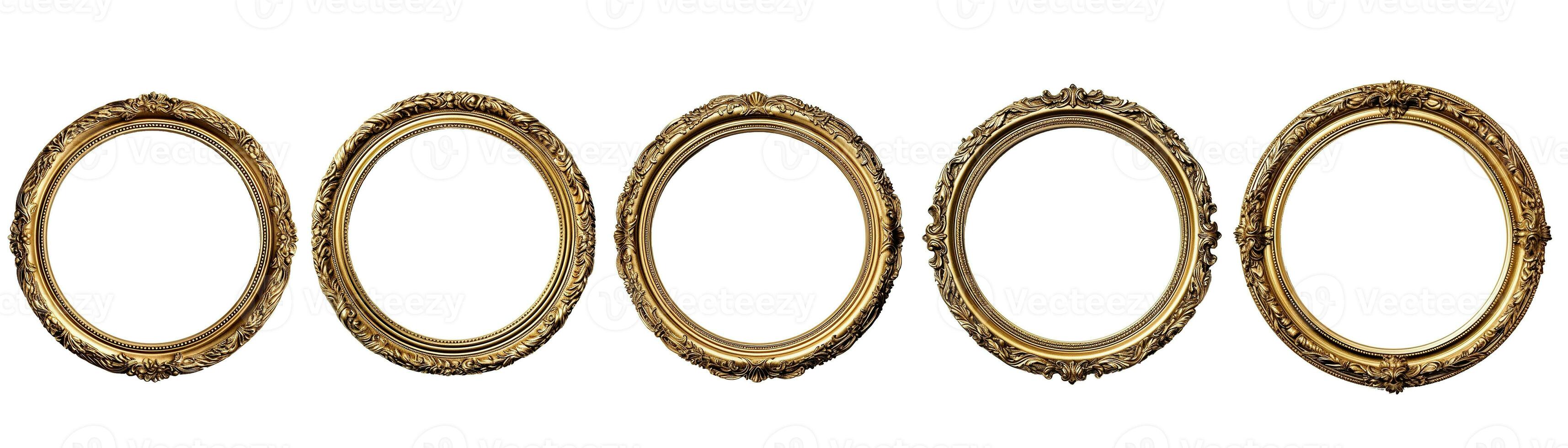 Collection of front view antique circle golden picture frame. Photo of ancient vintage mirror frame. Isolated on white background. Generative AI