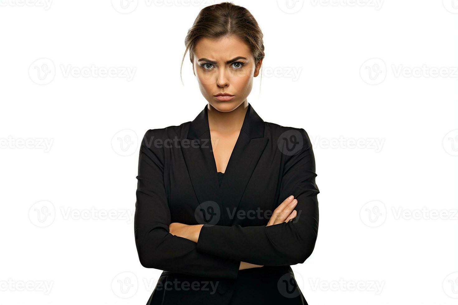 mujer en traje en pie y demostración su enojado emoción. retrato mujer de negocios durante enojado. aislado en blanco antecedentes. generativo ai foto