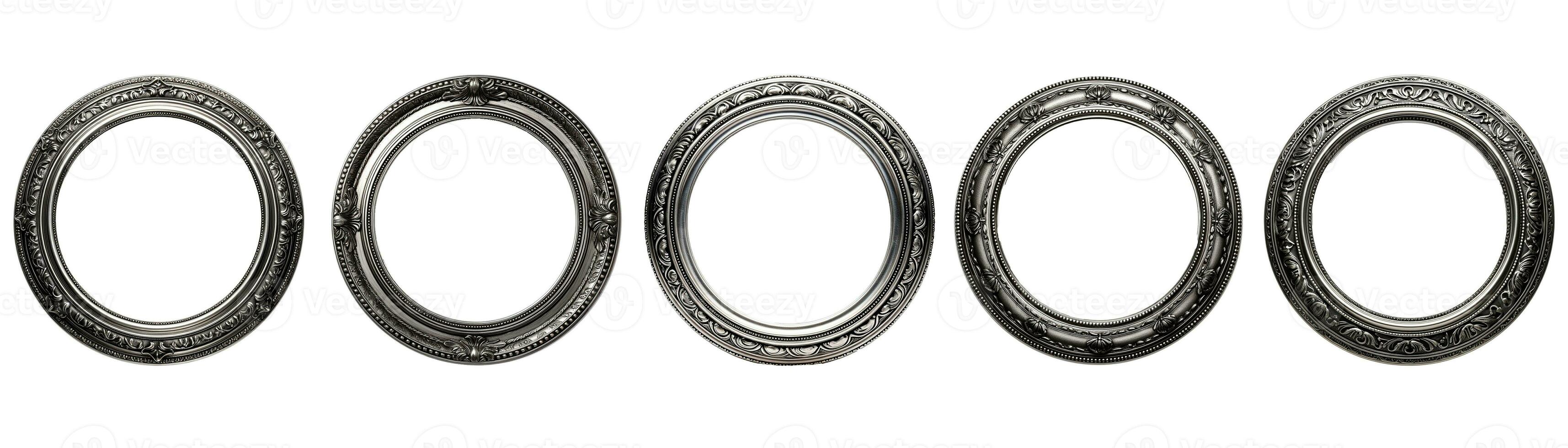 Collection of front view antique circle silver picture frame. Photo of ancient vintage mirror frame. Isolated on white background. Generative AI