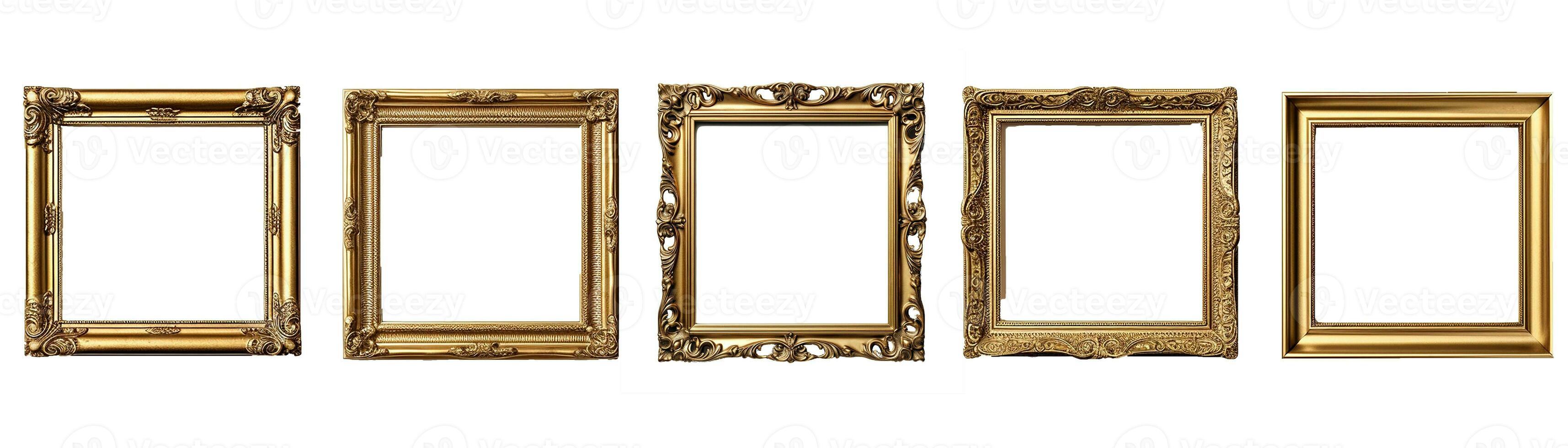 Collection of front view antique square golden picture frame. Photo of ancient vintage mirror frame. Isolated on white background. Generative AI