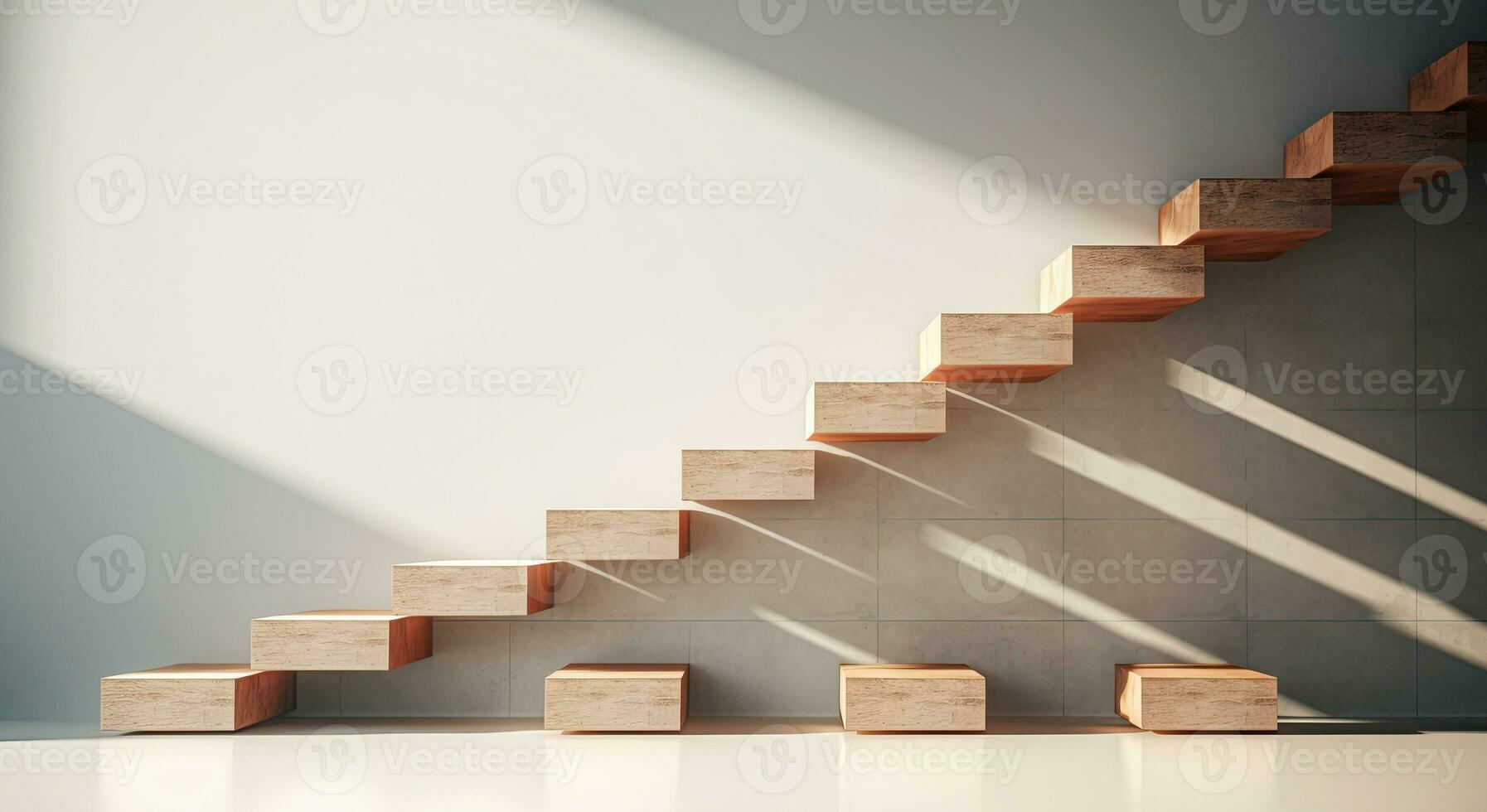 unique wood stairs with empty texture wall AI Generative photo