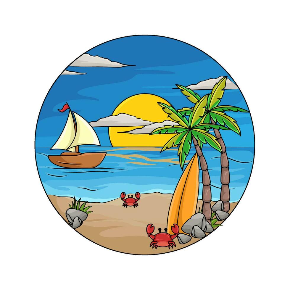 palm tree, crab, surfing board with boat in beach illustration vector