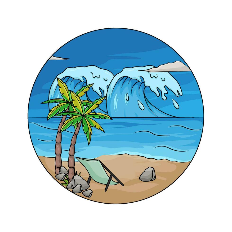 palma árbol, silla con mar ola playa ilustración vector