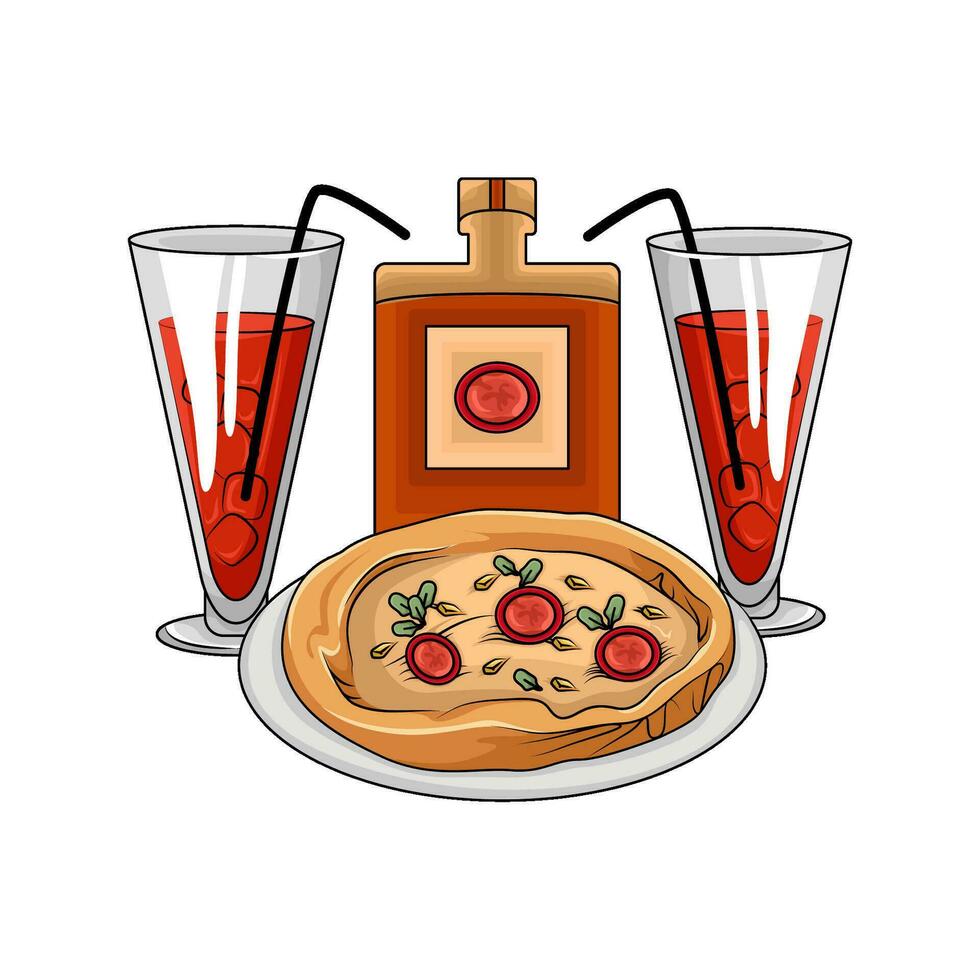 Pizza pepperoni, beber, francés papas fritas con botella salsa ilustración vector