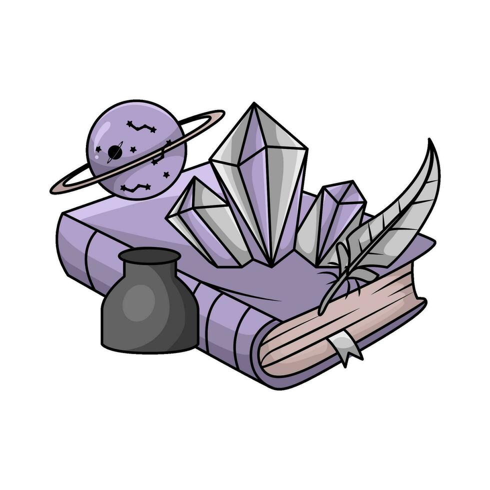 magic book, quill, diamond with planet illustration vector