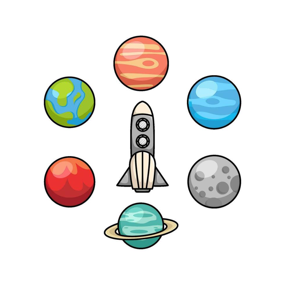 planetas con cohete ilustración vector