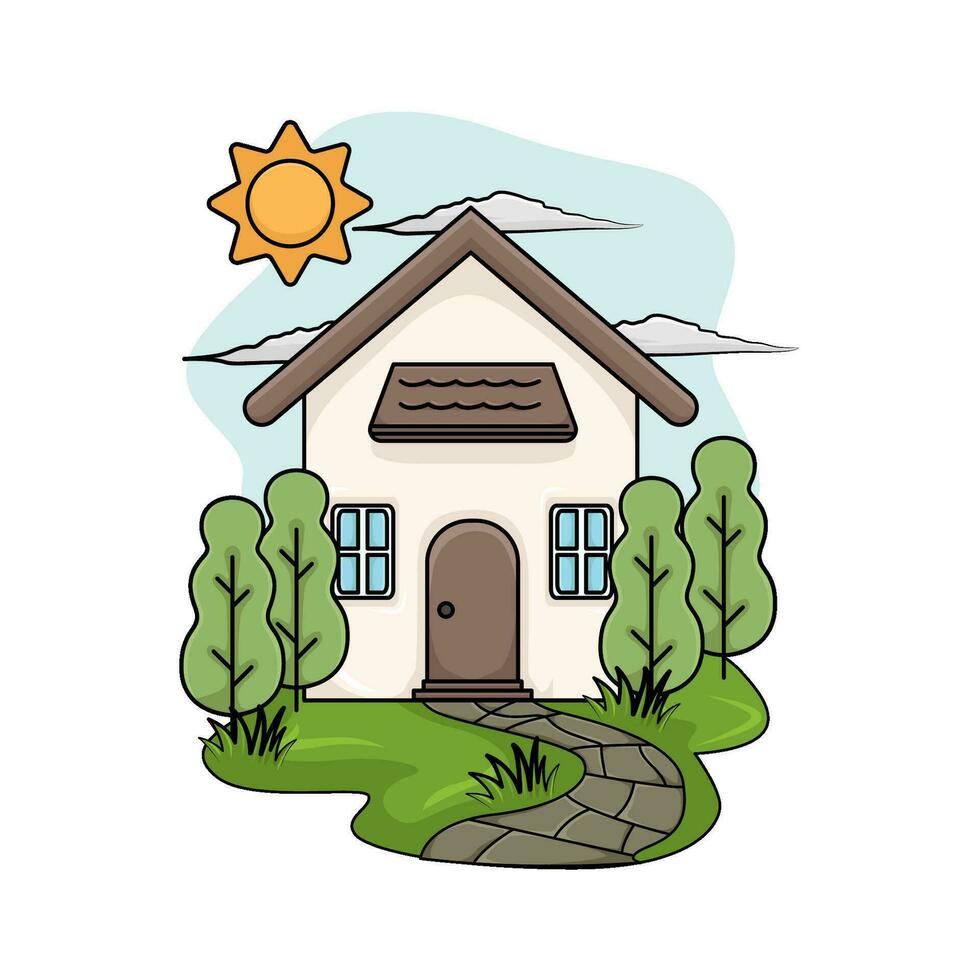 house, tree with summer weather illustration vector