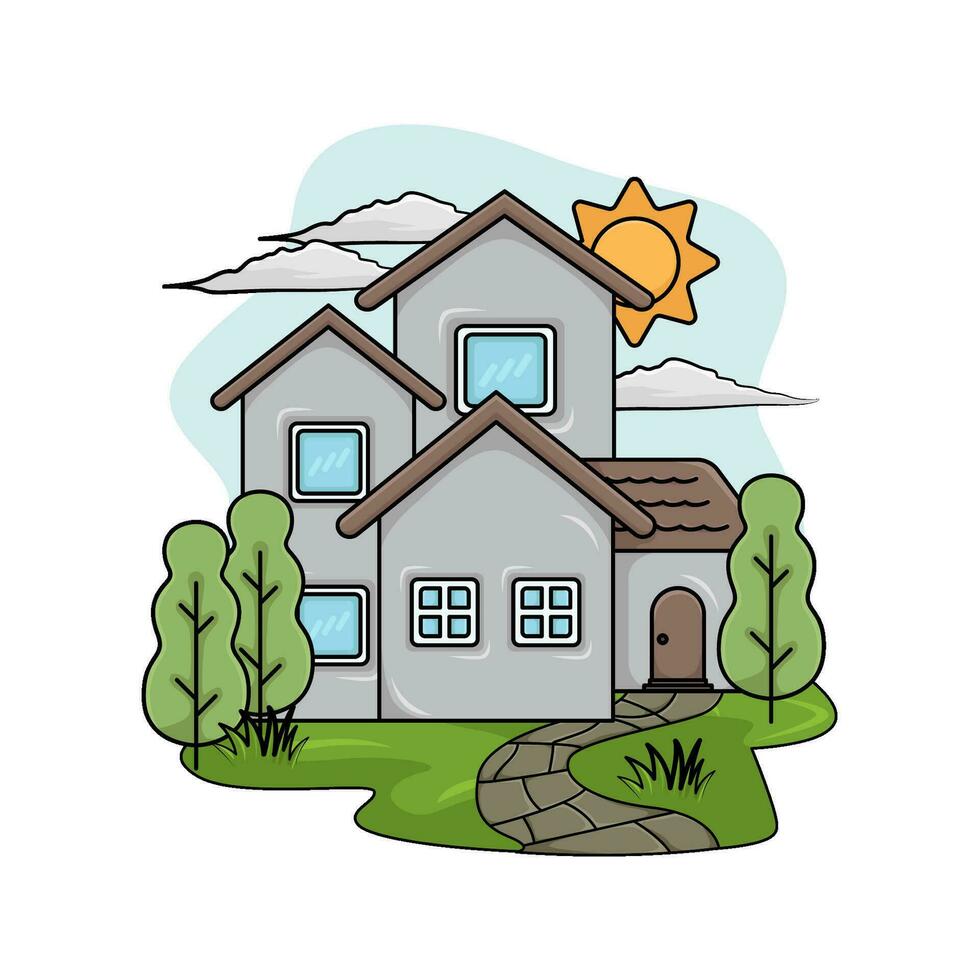 house, tree with summer weather illustration vector