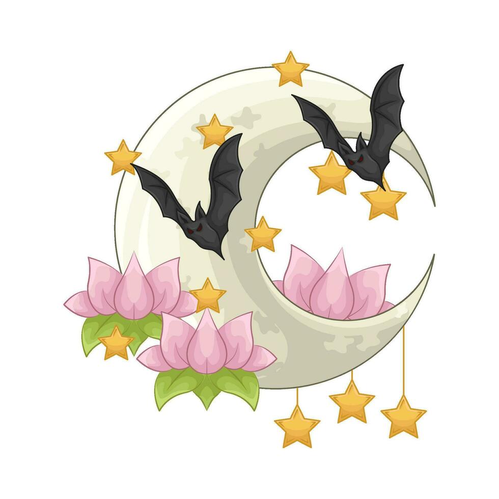 flor, estrella, Luna con murciélago ilustración vector