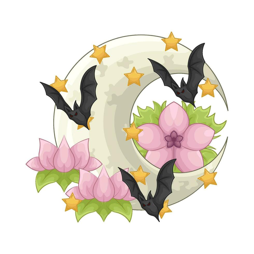 flor, estrella, Luna con murciélago ilustración vector