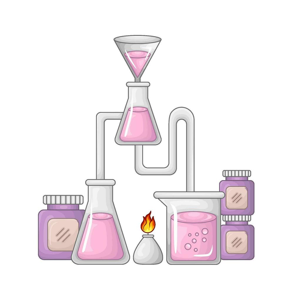 laboratorium potion bottle in over bunsen burner with jar illustration vector
