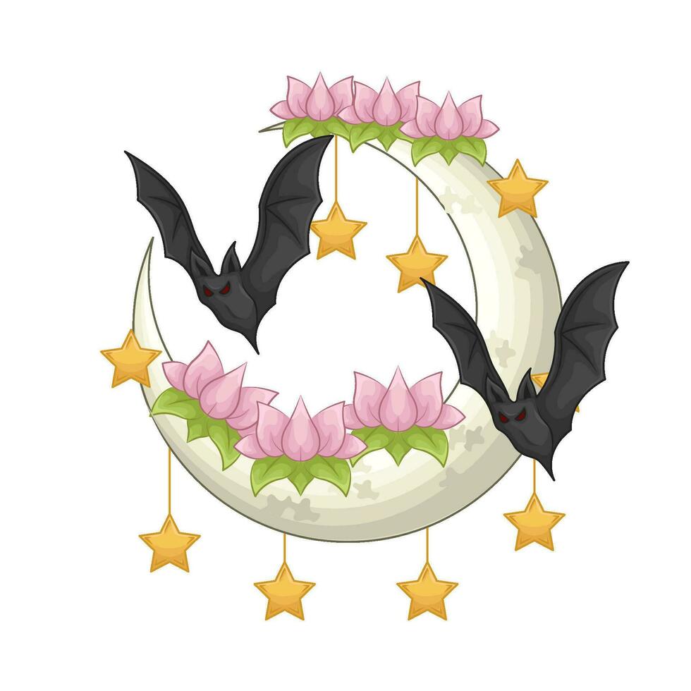 flor, estrella, Luna con murciélago ilustración vector
