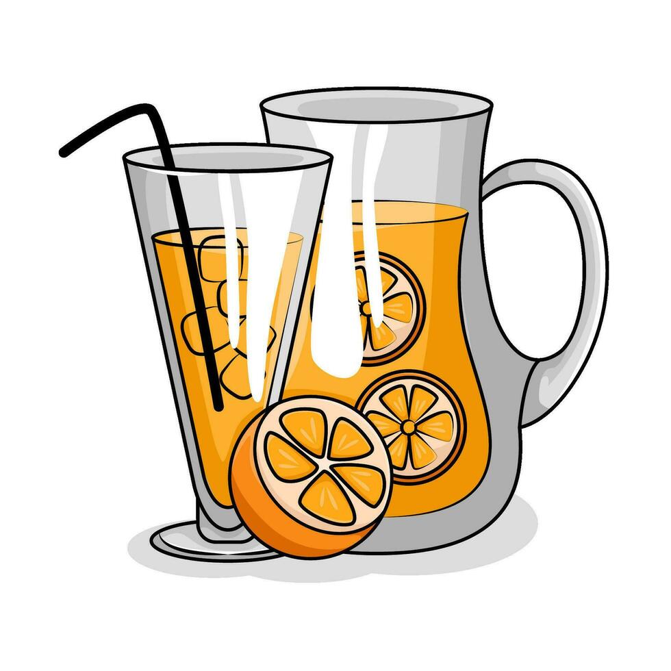 orange juice in teapot with orange juice in glass drink illustration vector