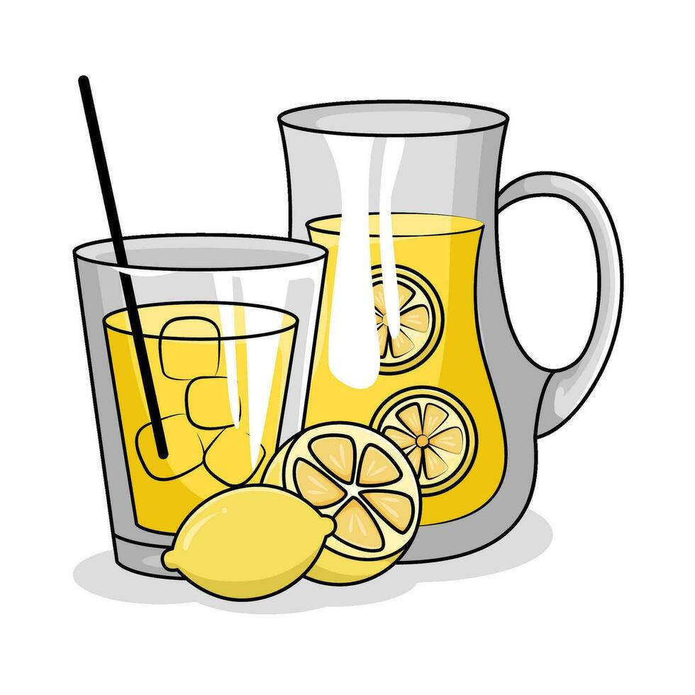 lemon juice in teapot with lemon juice in glass drink illustration vector