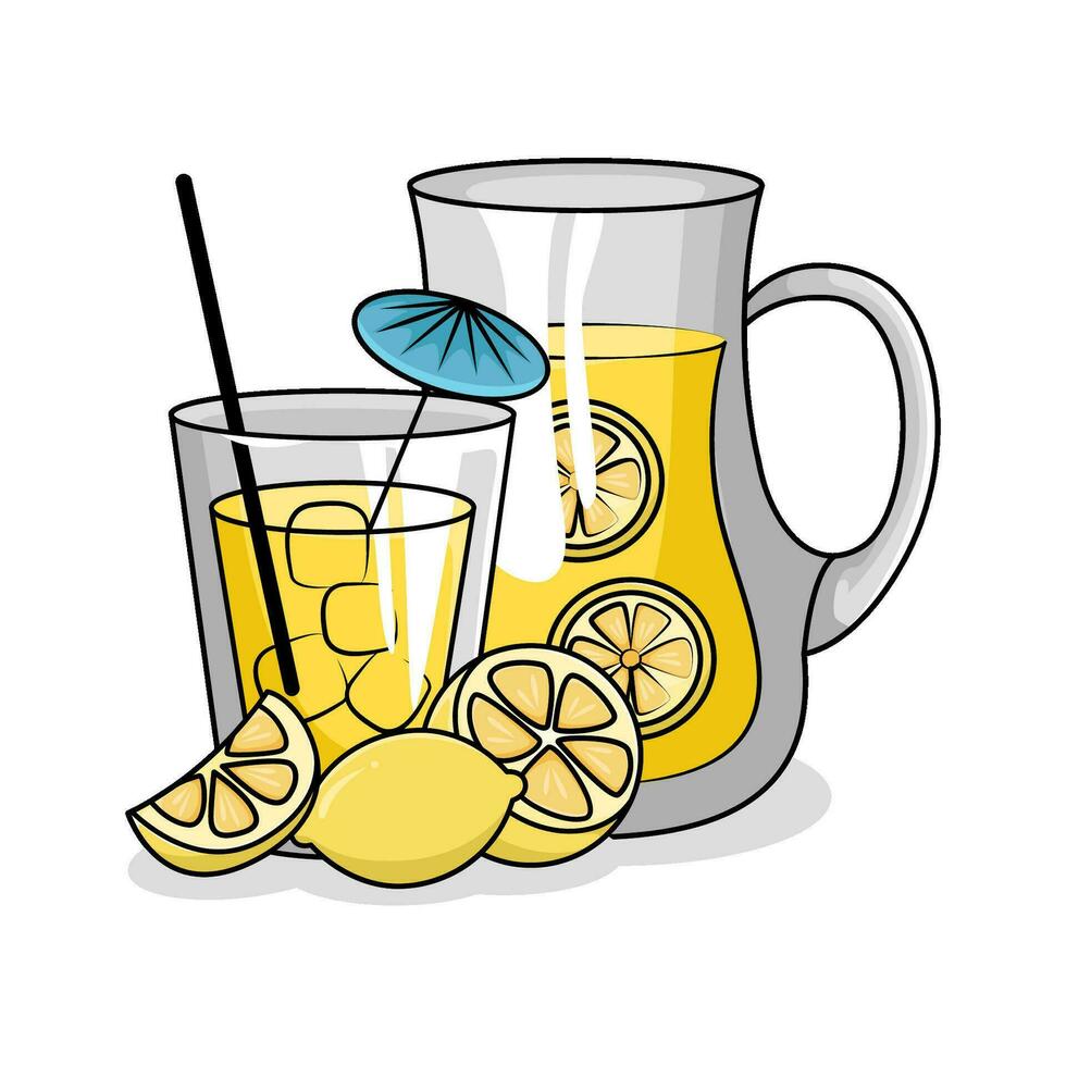 lemon juice in teapot with lemon juice in glass drink illustration vector