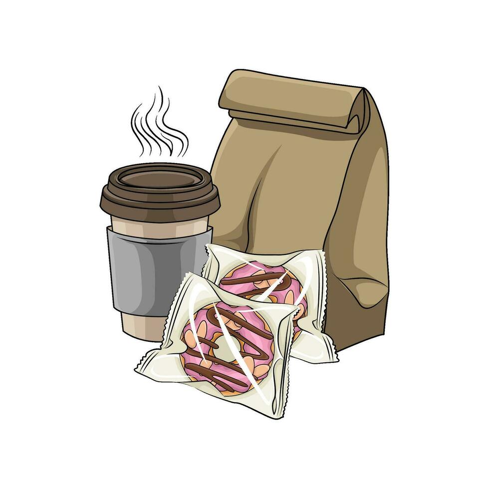 rosquilla en el plastico, paquete, taza bebida ilustración vector