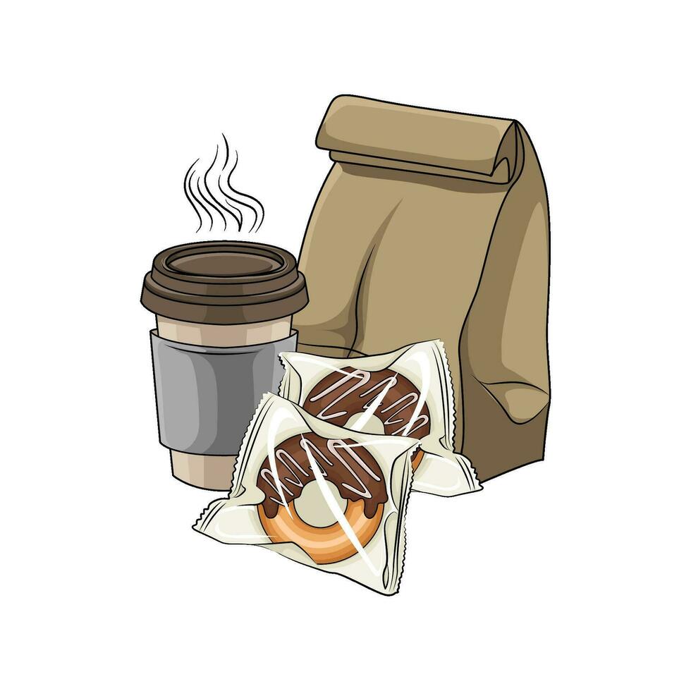 rosquilla en el plastico, paquete, taza bebida ilustración vector