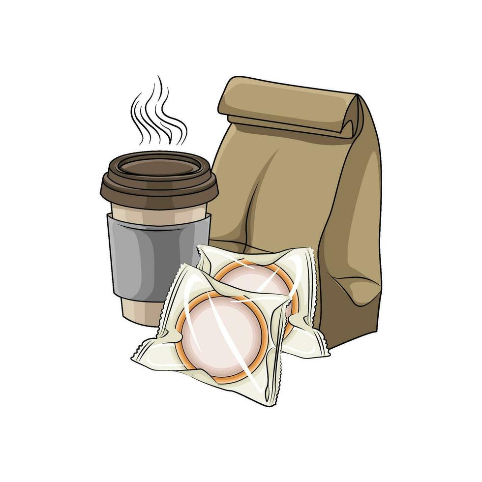 donut in plastic, package, cup drink  illustration vector