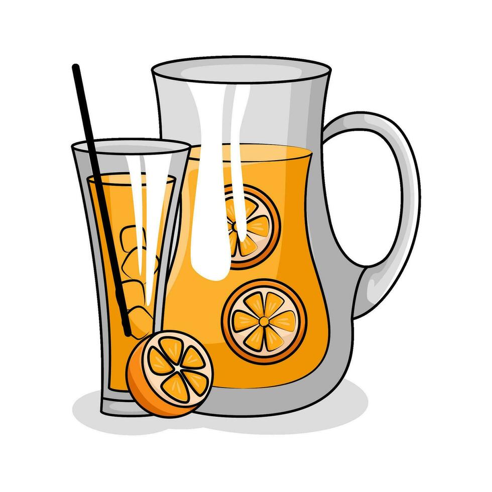 naranja jugo en tetera con naranja jugo en vaso bebida ilustración vector