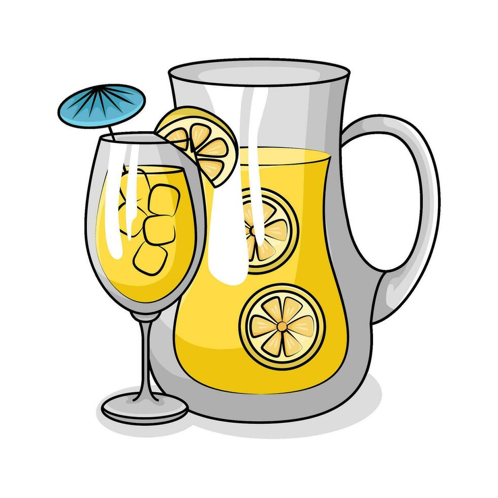 lemon juice in teapot with lemon juice in glass drink illustration vector