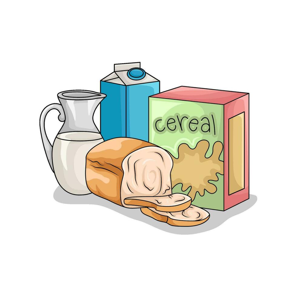 cereal box, milk with wheat bread illustration vector