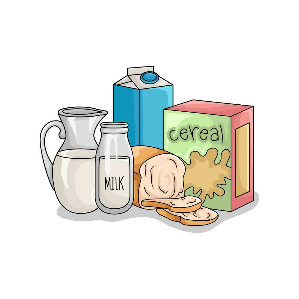 cereal box, milk with wheat bread illustration vector