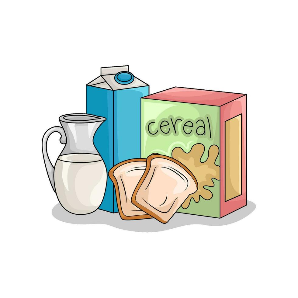 cereal box, milk with wheat bread illustration vector