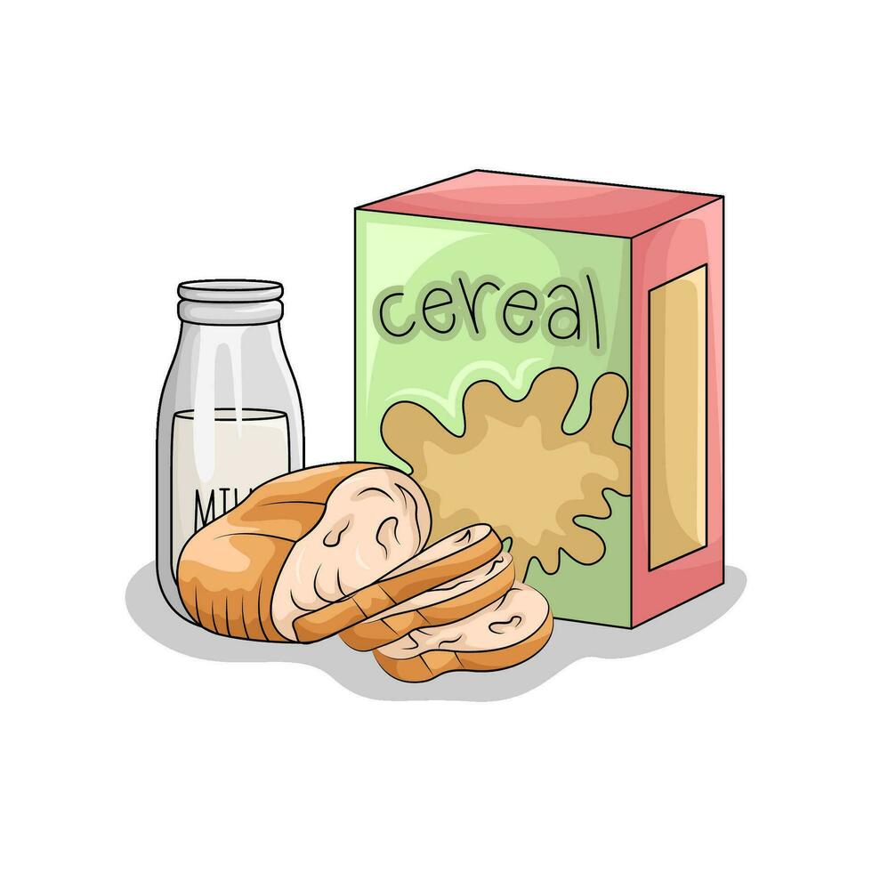 cereal box, milk with wheat bread illustration vector
